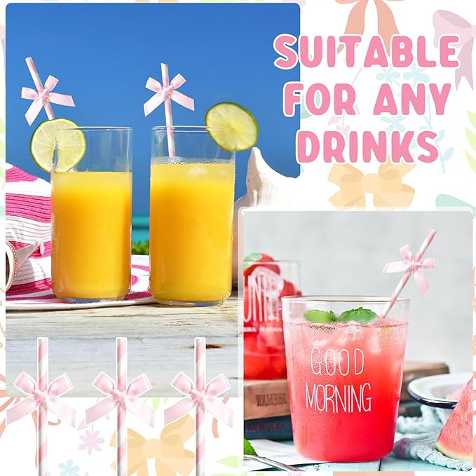 Potchen 150 Pcs Valentine's Day Bow Paper Straws Bulk Pink and White Disposable Striped Straws for Drinking, Valentines Theme Party Supplies for Birthday Wedding Cake Bachelorette Baby Shower Decor
