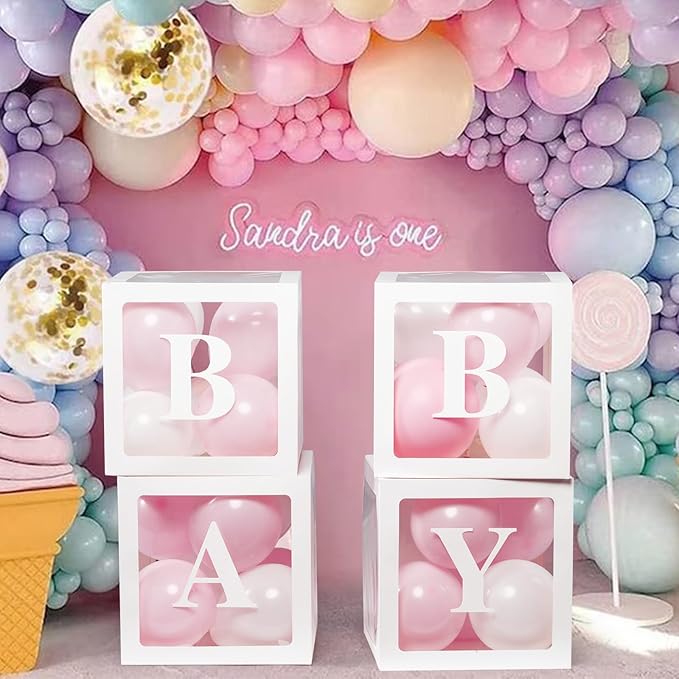 Voircoloria Baby Shower Decorations, 4pcs Transparent Balloon Boxes with Letters, 36Pcs Pink & White Balloons, Reusable, Unisex, for Gender Reveal Party