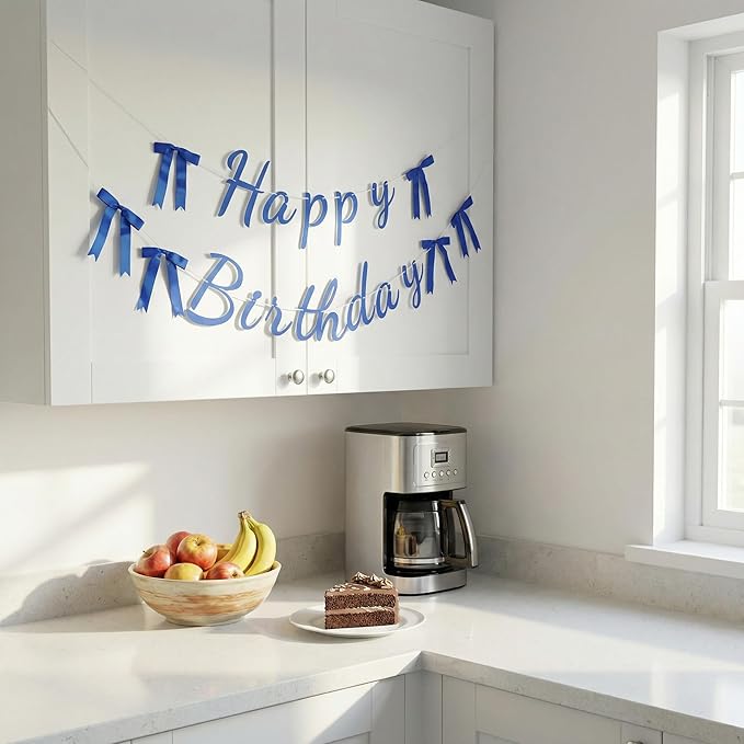 Happy Birthday Banner, Pre-Strung Blue Glitter Birthday Sign with Satin Bows, Pre-Assembled Adjustable Birthday Party Decorations for Women Men Kids Adults, Indoor Outdoor Milestone Birthday Party Supplies