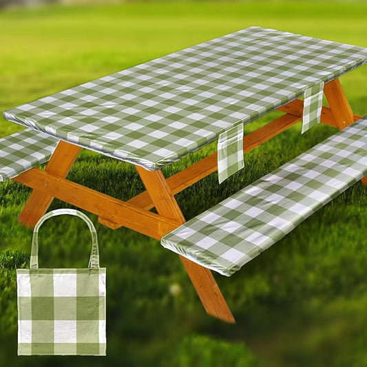 Picnic Table Cover with Bench Covers Vinyl Elastic Edges Fitted Rectangle Seat Tables Waterproof 3-Piece72X30in Set Outdoor Rectangular Folding Backing Tablecloth for Camping Over Size