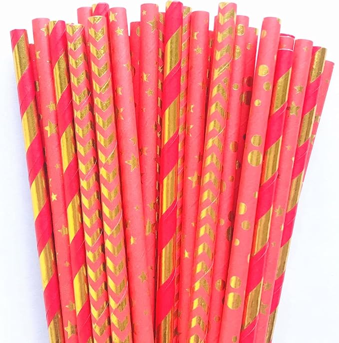 100 pcs Mixed Biodegradable Party Paper Straws, Disposable Red Gold Foil Striped Chevron Dot Star Drinking Straws Bulk, Holiday Christmas Valentine Wedding Cake Pop Sticks (All Wrapped Up)