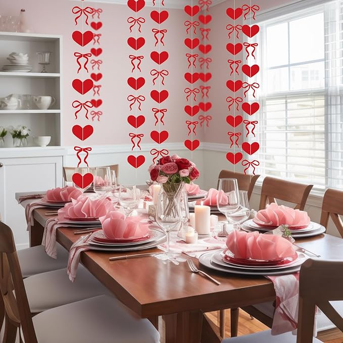 TaoBary 8 Pack Valentine's Day Red Heart Garland 6.56 ft Pre Strung Bow Bunting Banner Romantic Love Streamer Paper Hanging Decorations for Home Office Anniversary Wedding Engagement Party Decor