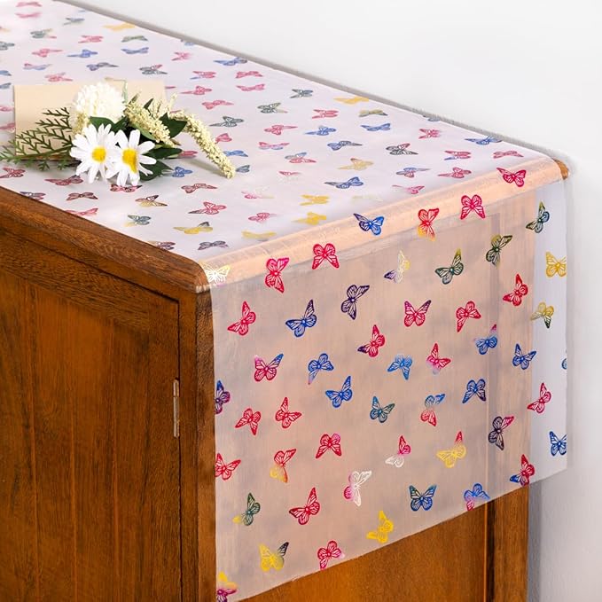 Socomi Butterfly Spring Table Runner Gauze Easter Seasonal Holiday Dining Table Decoration for Indoor Outdoor Home Party Decor 108 inch 1pc