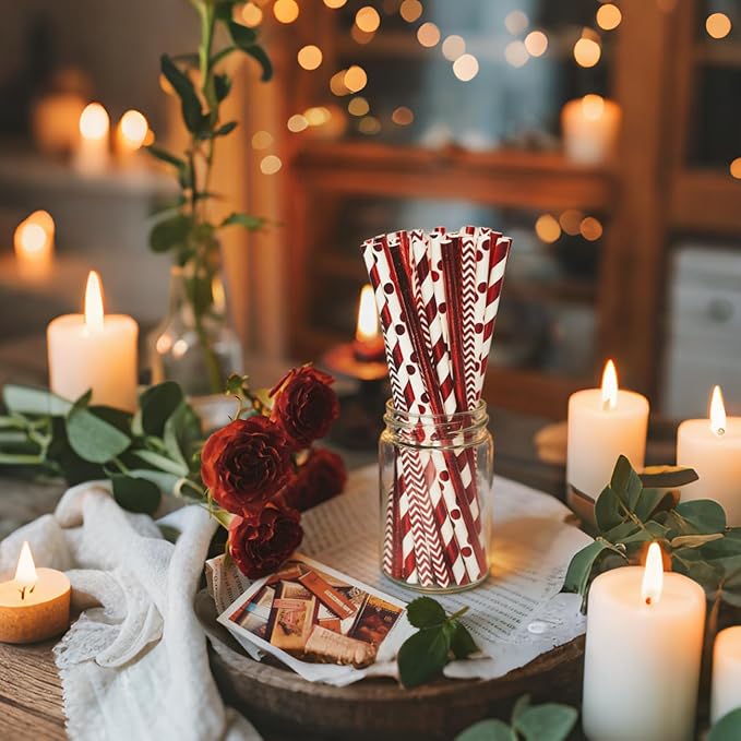 100 pcs Mixed Biodegradable Party Paper Straws, Glitter Metallic Red Foil Stripe Wave Solid Beverage Drinking Straws, Holiday Birthday Christmas Valentine Craft Cake Pop Sticks (Metallic Red Foil)