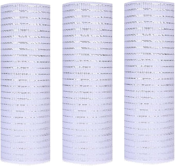 3 Rolls White Deco Mesh Ribbon for Wreath Making Supplies, 10 Inch x 30FT Metallic Foil Burlap Deco Mesh Fabric for Easter Christmas Tree New Year Wedding Wreath Swags and Decorating