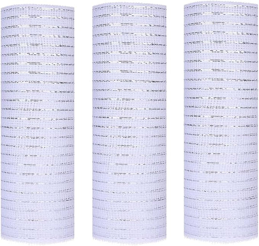 3 Rolls White Deco Mesh Ribbon for Wreath Making Supplies, 10 Inch x 30FT Metallic Foil Burlap Deco Mesh Fabric for Easter Christmas Tree New Year Wedding Wreath Swags and Decorating