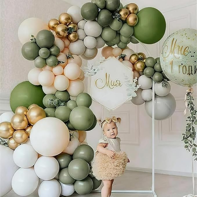 PartyWoo Sage Green Balloon Arch Kit Garland 142pcs Different Sizes of 18 12 10 5 Inch Olive Dusty Boho Green Balloons for Baby Shower Graduation Jungle Woodland Dinosaur Birthday Party Decorations