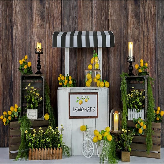 Kate Lemon Shop Backdrop Photography 8x8ft Summer Kids Birthday Lemonade Party Decoration Photo Backgrounds Brown Wood Wall Seamless Soft Fabric Backdrop Shooting