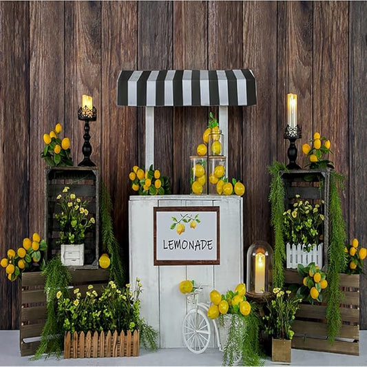 Kate Lemon Shop Backdrop Photography 8x8ft Summer Kids Birthday Lemonade Party Decoration Photo Backgrounds Brown Wood Wall Seamless Soft Fabric Backdrop Shooting