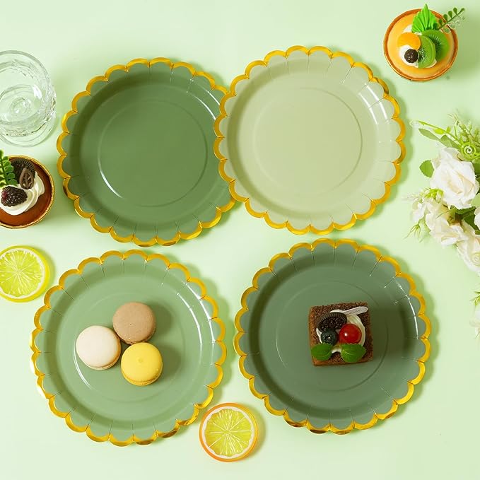 Green mix scalloped party plates with napkins and fork gold foil border, 24 Guest disposable Tableware Set Sage Green Party Decoration for Birthday Coquette Bridal Baby Shower Valentines