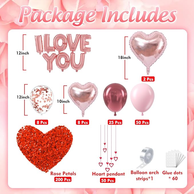 Valentines Day Balloons Garland Arch Kit, Rose Gold Pink Heart I love You Balloons Rose Petals for Galentine's Day Birthday Wedding Anniversary Engagement Valentines Party Decor Special Night