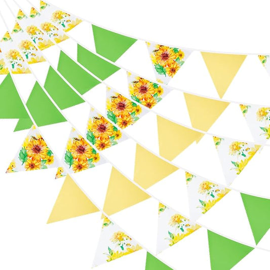 G2PLUS 39Ft Triangle Bunting Banner, Yellow & Green Sunflower Garland Pennant Banner, Reusable Cotton Triangle Flags Party Decoration for Garden Party, Fall Decor & Outdoor Celebrations