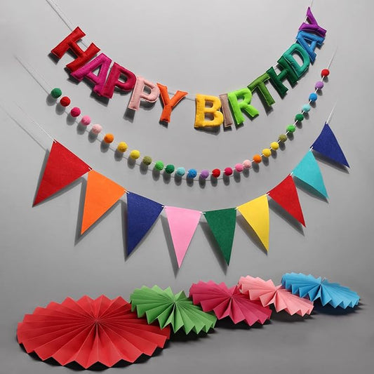 Pre-Strung Happy Birthday Banner, Reusable Felt Birthday Party Decorations, 3D Effect Happy Birthday Sign with Felt Ball Garland, Pennant Flag, Hanging Paper Fans for Men Women Boy Girls (Rainbow)