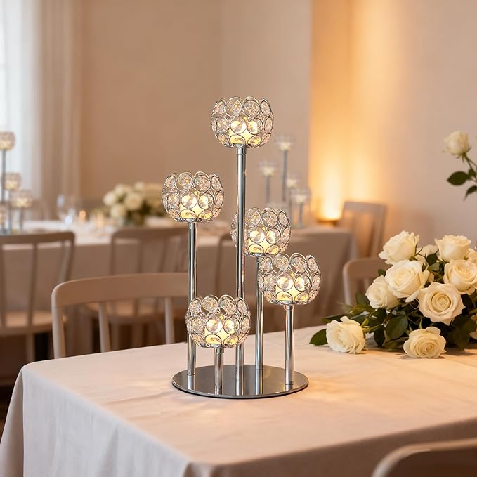 5-Arm Crystal Tealight Candelabra Centerpiece, 14.8 Inch Metal Candle Holder for Table Decor, Wedding, Christmas, Party, Anniversary & Home Decoration (2, Silver, S-14.8 in)