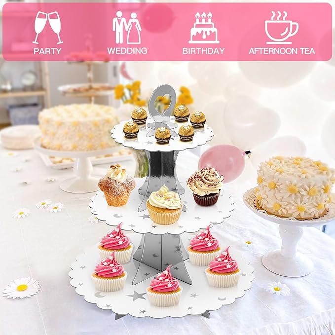 Soleebee 3-Tier Cupcake Stand, Cardboard Cupcake Tower, Dessert Cup Cake Stand Tower for Birthday Wedding Party Decoration, Cupcake Tier Stand 2 Set (Silver Moon and Star)