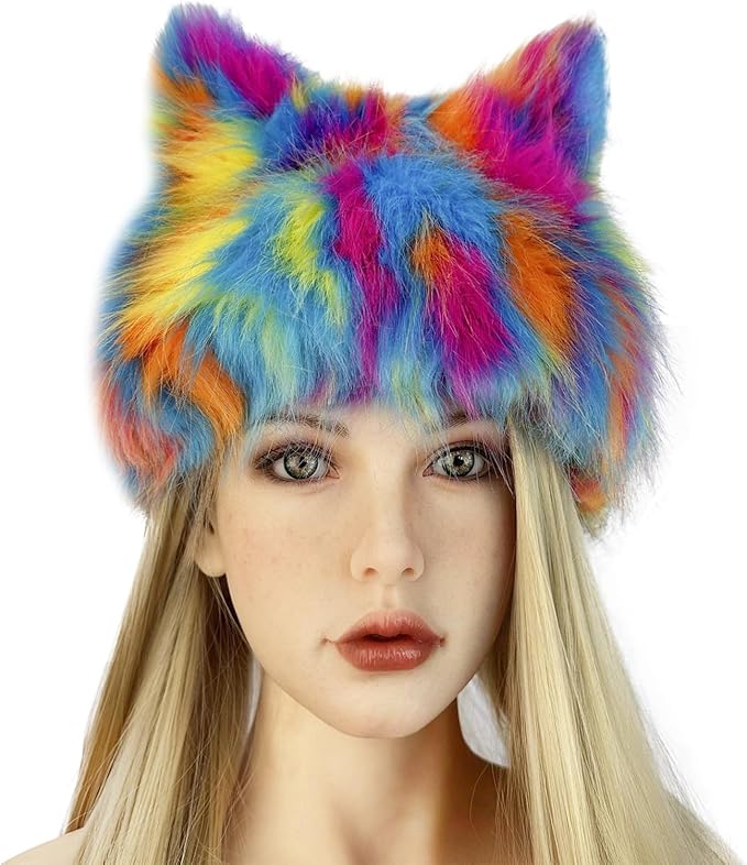 PURFUN Colorful Faux Fur Earflap Hats with Cat Ear, Adults Cosplay Halloween Animal Theme Wolf Cat Hooded Hat Costume Caps