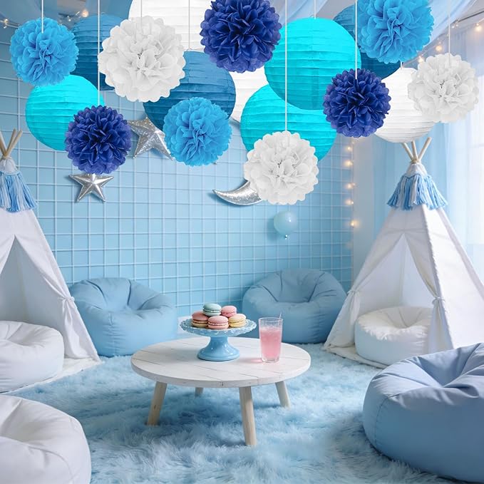 18 PCS Blue White Paper Lanterns & Tissue Paper Pom Poms for Boyss Birthday, Baby Shower, Wedding, Bridal Shower, Hanging Paper Decor for Indoor Outdoor Events Party Supplies