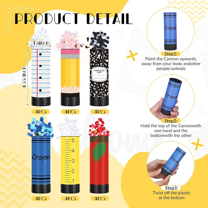 Outus Back to School Ready Confetti Cannon Colorful Paper Poppers Teacher Appeciation Gifts Celebration Pencil Crayon Ruler Apple Composition Notebook Confetti Kit Favor Decorations