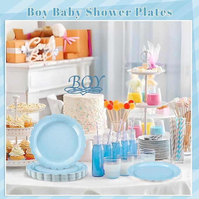 NatNarr 30 Pcs Light Blue Plates, 9 Inch Scalloped Graduation Plates Blue Dessert Party Plate Cute Paper Plate for kindergarten Graduation, Boy Baby Shower, Birthday