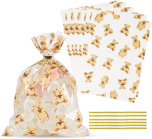 Docvania Clear Bear Cellophane Treat Bags Plastic Gift Bag 100 pcs 5 X 7 Clear Bear Cookie Bags with Ties Goodie Candy Bag Suitable for Mother's Day, Valentine's Day, and Holiday Parties