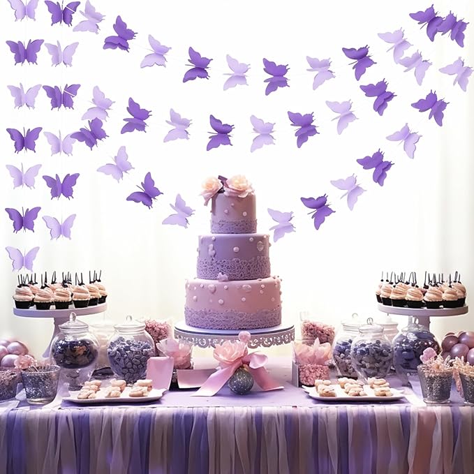 jijAcraft Butterfly Hanging Garlands - 3D Purple Paper Butterflies, 4 Packs - Birthday Decorations for Baby Showers, Home Decor, Weddings & Parties (39ft)