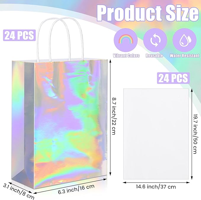 MIMIND 24 Pack Iridescent Paper Gift Bags with Handles Holographic Party Favor Bags with Tissue Paper 8.7 x 6.3 x 3.1 Inch Glitter Silver Foil Goodie Candy Bag for Wedding Birthday Parties