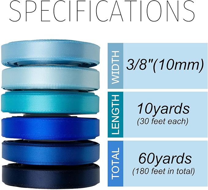 Blue Satin Ribbon 3/8 Inch 60Yds Navy Blue Royal Blue Light Blue Ribbon Assorted Solid Color Thin Double Faced Satin Ribbon for Flower Bouquet Wedding Invitation Crafts Gift Wrapping Hair Bows