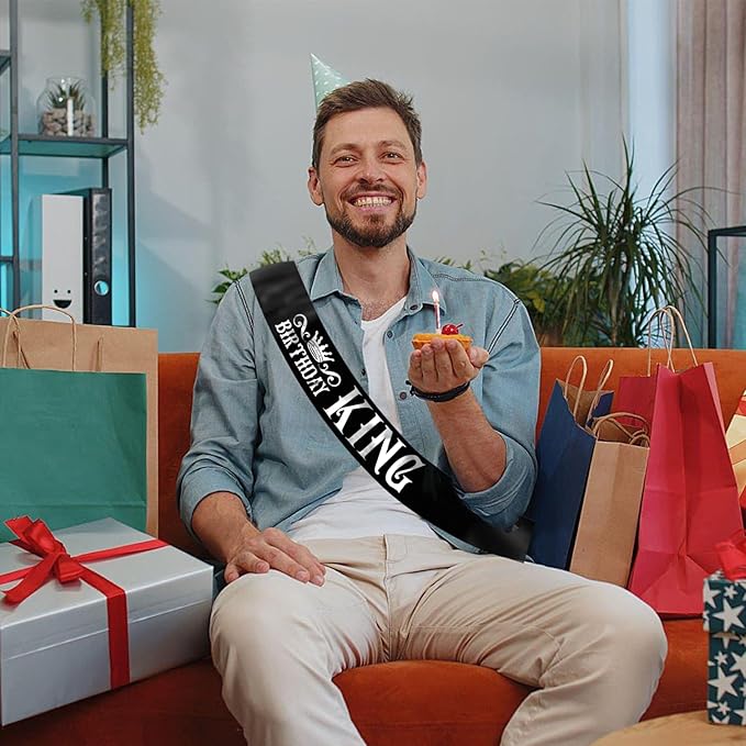 Birthday King Sash, Funny Black Satin Sash with Silver Foil Lettering Birthday Sashes for Boys or Men 10th 13th 16th 18th 21st 30th 40th 50th 60th or Any Birthday Party Supplies Gifts Favors.