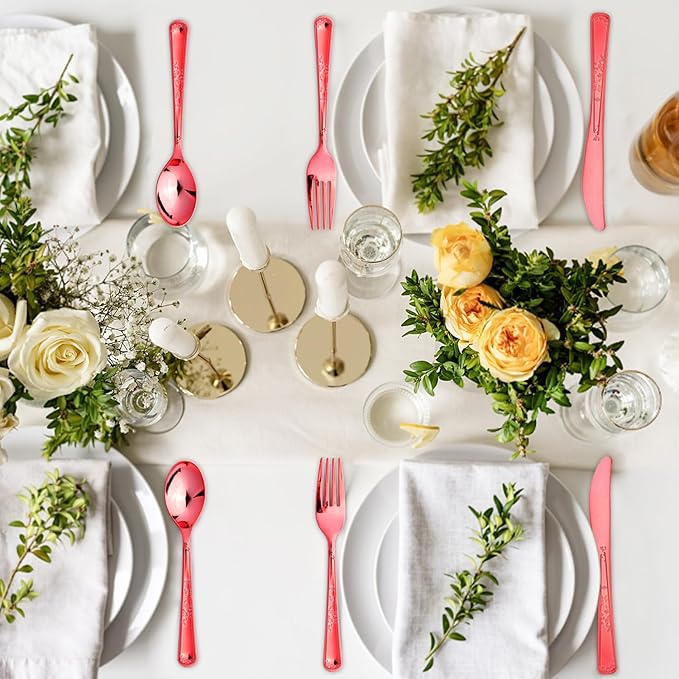 180 Pack Disposable Rose Red Plastic Silverware Contain 60 Forks,60 Spoons,60 Knives, Solid and Durable Plastic Cutlery Utensils Set Perfect for Parties,weddings.