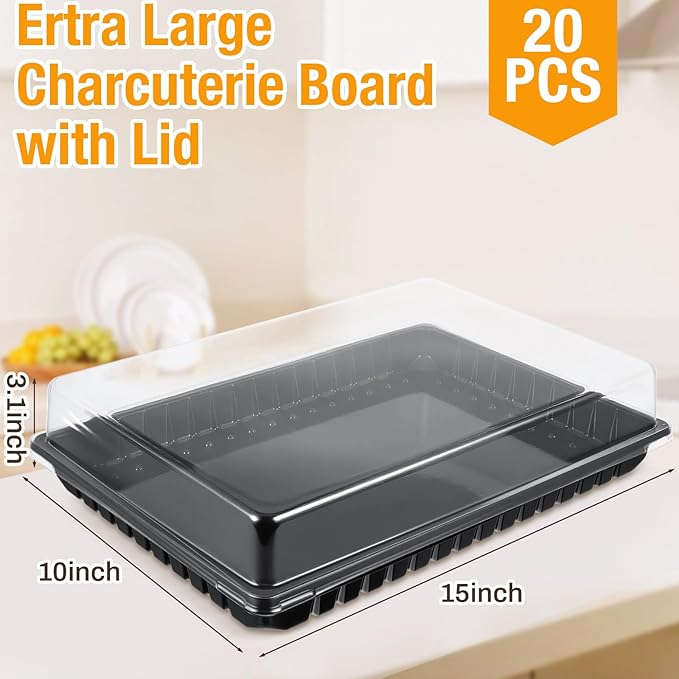 Shellwei 20 Pack Extra Large Charcuterie Board with Lids, 15 x 10 Inch Plastic Catering Trays for Cookies, Desserts, Candy, Reusable Serving Platters for Travel Party