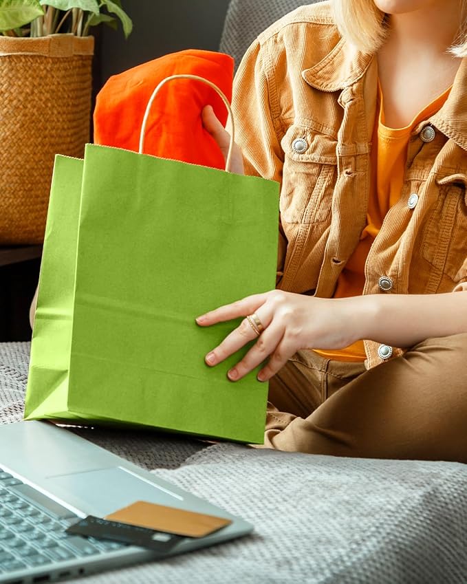 qiqee 24Pcs Medium Gift Paper Bag with Handles Bulk - 10.6"x8.3"x4.3" Rainbow Party Bags - Mulit Color