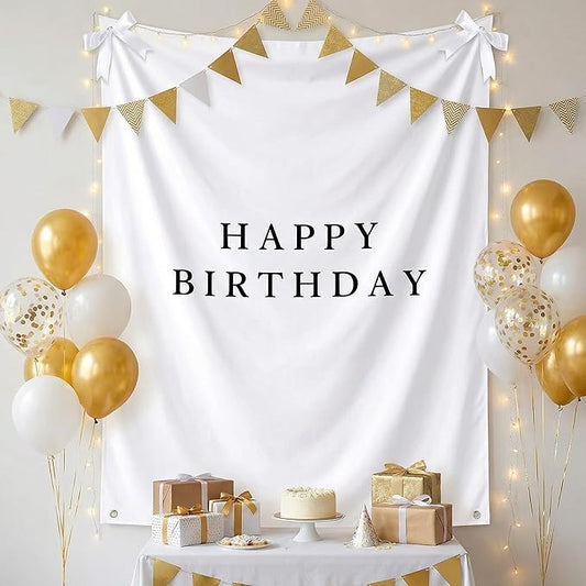 Oudain 60x78 Inch Happy Birthday Burlap Banner, Fabric Party Decorations Backdrop, Boho Rustic Photo Props Sign with Hanging String for Birthday Party Indoor Outdoor Yard Wall Decor