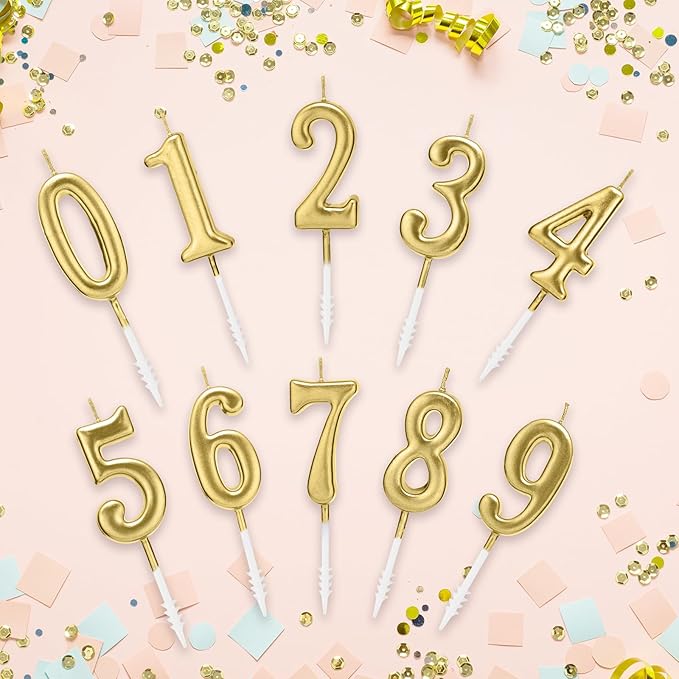 Beanlieve 10-Pieces Numeral Birthday Candles - Cake Numeric Candles Number 0 1 2 3 4 5 6 7 8 9,Used for Cake Decoration on Birthday Parties and Wedding Anniversary Celebrations(Champagne Gold)