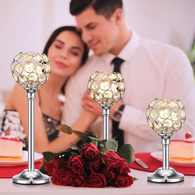Mimorou 12 Pack Crystal Candle Holders Gold or Silver Candle Holders Bulk Tealight Candlestick Crystal Candelabras for Wedding Party Valentine Christmas Dining Table Centerpieces Decoration (Silver)