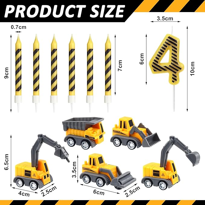 Number 4 Construction Birthday Candles, 12 Pcs Construction Cake Toppers Set, Digger Cake Topper for Birthday Anniversary Party Cake Decorations