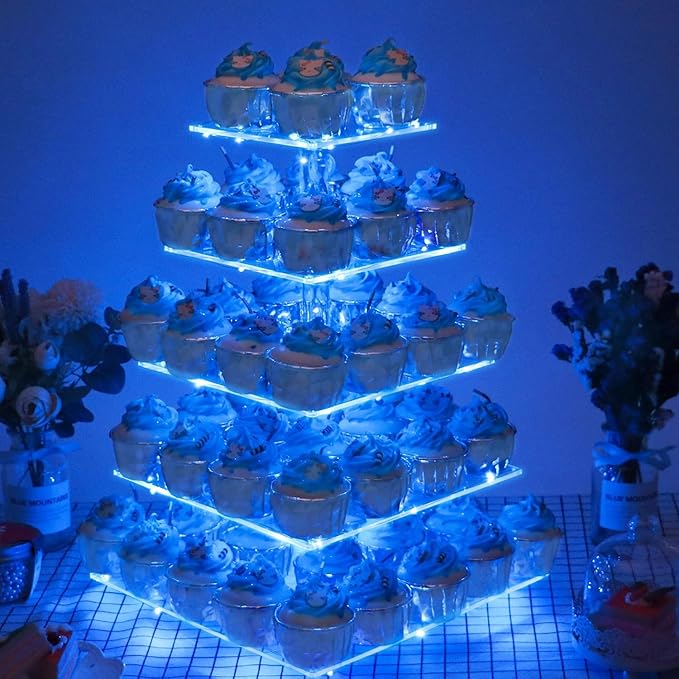 YestBuy 5 Tier Cupcake Stand Acrylic Cupcake Tower Display with LED Light Premium Cupcake Holder Dessert Tree Tower for Birthday Cady Bar Party Décor Weddings, Birthday Parties Events (Blue Light)