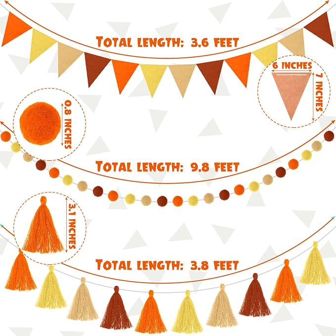 Irenare 9.8 ft Pom Pom Garland Felt Rainbow Garland 2026 Graduation Party Decoration Colorful Pennant Tassel Banner Back to School Birthday Triangle Banner for Classroom School Mantel(Autumn Colors)