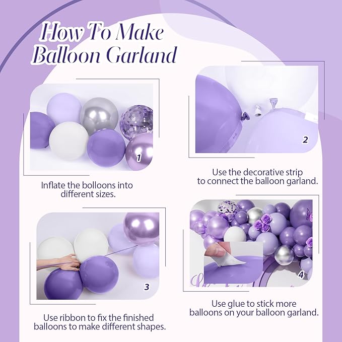 Purple Balloons Garland Arch Kit, 126pcs Lavender Party Decorations with Metallic Silver Purple Confetti Balloons for Butterfly Birthday Wedding Baby Shower Party Decorations