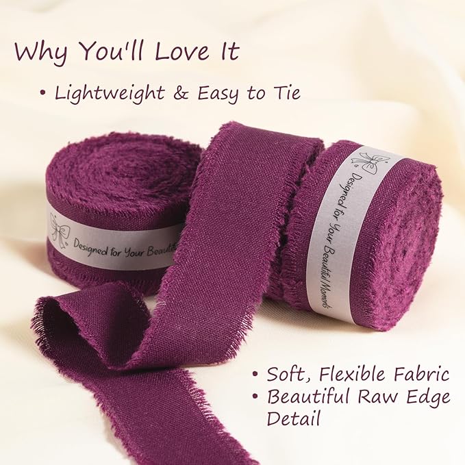 Grape Wine Cotton Ribbon 1 Inch Grape Wine 3 Rolls 21 Yards Frayed Edge Fabric Set for Wedding Decor, Anniversary Celebration, Bridal Bouquet Wrap, Gift Wrapping & Fall Wedding