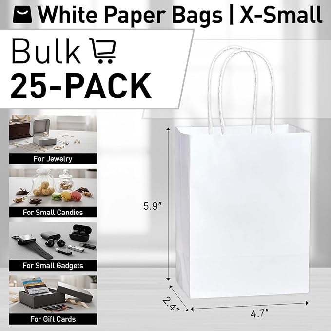SUNCOLOR 25 Pieces 6 Inch Mini Goodie Bags Small White Gift Bags with Handles for Party Favors, Birthday Treats, and Weddings