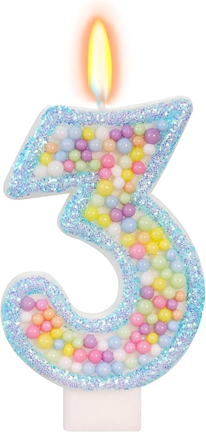 Birthday Candles - Number 3 Candle, Colorful Macaron Candles for Boys/Girls, Blue Cake Decorations, Theme Party Supplies