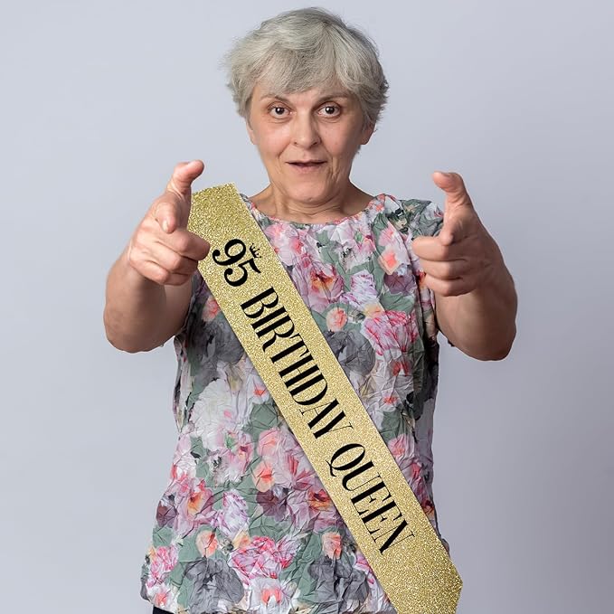 95 Birthday Queen 95th Birthday Sash for Women, Gold Glitter Sash with Black Foil