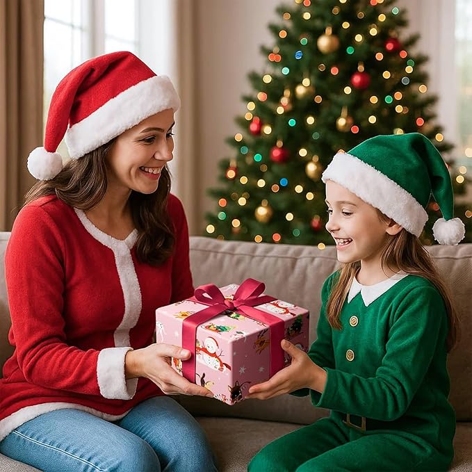 WERNNSAI Dog Christmas Wrapping Paper Roll - 1 Roll 17”x 33 ft Pink Puppy Christmas Wrapping Paper Reversible Red Candy Cane Stripe Gift Wrap for Kids Adults Xmas Winter Puppy Party Celebration