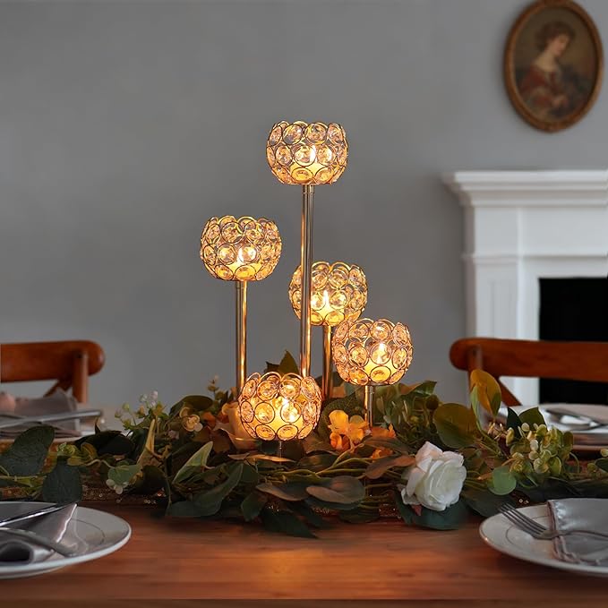 5-Arm Crystal Tealight Candelabra Centerpiece, 14.8 Inch Metal Candle Holder for Table Decor, Wedding, Christmas, Party, Anniversary & Home Decoration (2, Gold, S-14.8 in)