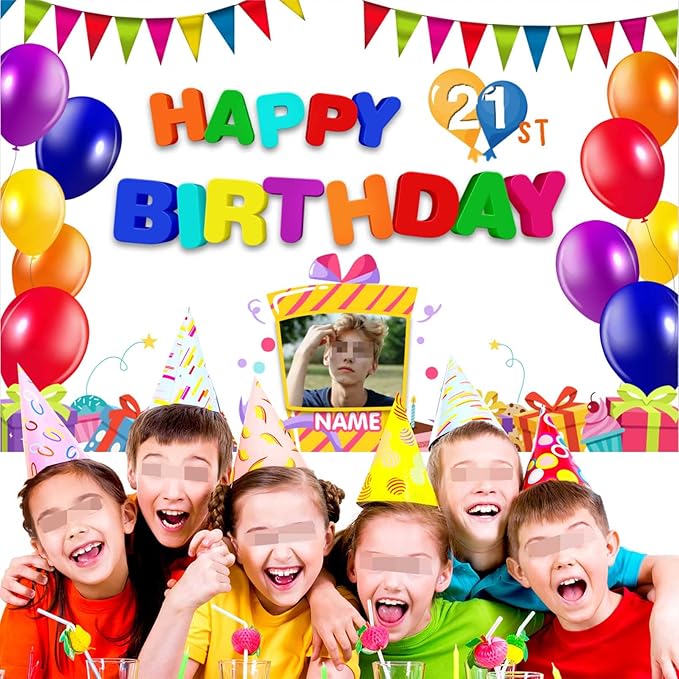 Custom Colorful Happy 21st Birthday Decoration Banner - Personalized with Photos and Names