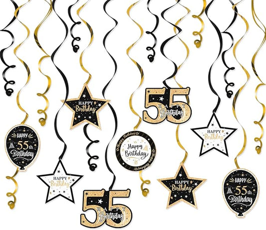 Happy 55th Birthday Black & Gold Glitter Swirls Streamers Party Decorations - 15 Pcs 55th Birthday Hanging Swirls Streamers Kit,Perfect for 55th Bday Party Sign.