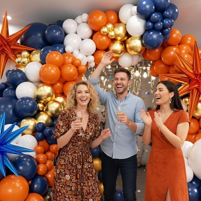Blue and Orange Gold Balloon Arch Kit, Navy Blue Orange Metallic Gold White Balloon Garland kit, Different Size Balloons for Girl Birthday Anniversary Baby Shower Graduation Party Decorations