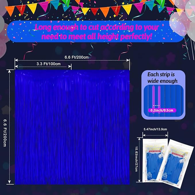 Glow in The Dark Party Supplies 2 Pack Neon Party Decorations Fluorescent Tinsel Foil Fringe Curtains Photo Booth Prop Backdrop Streamer Blacklight Decorations (Neon Blue)