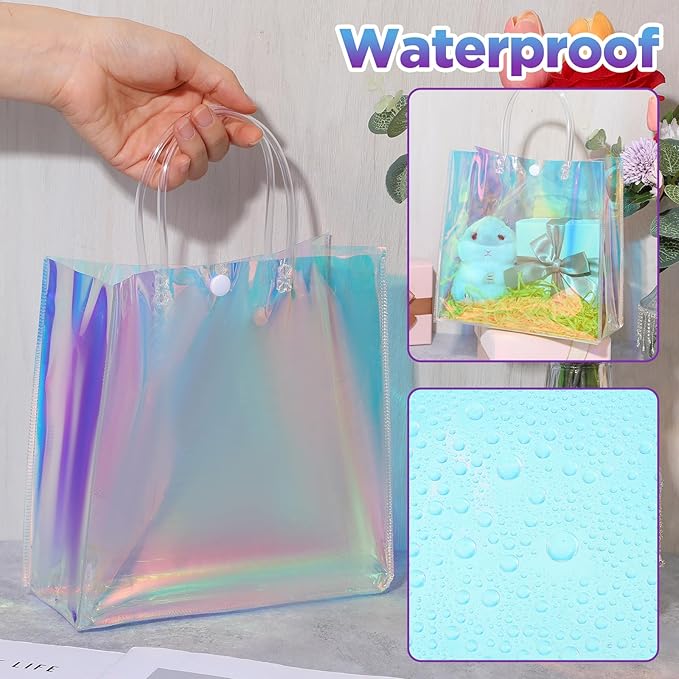 16 Pcs Holographic Bags, Party Favor Bags Clear Reusable Birthday Gift Bag with Handle-PVC Plastic Goodie Handbag for Women Girls Iridescent Bachelorette Wedding Christmas(7.87" x 7.87" x 3.94")