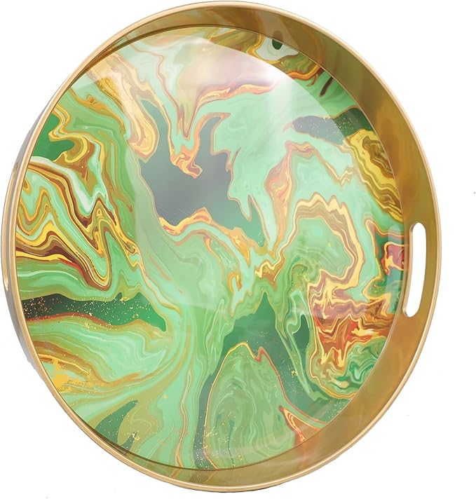 Round Green Marbling Decorative Tray with Handles, 13" Morden Plastic Serving Tray for Coffee Table Bathroom, Ottoman, Home Decor